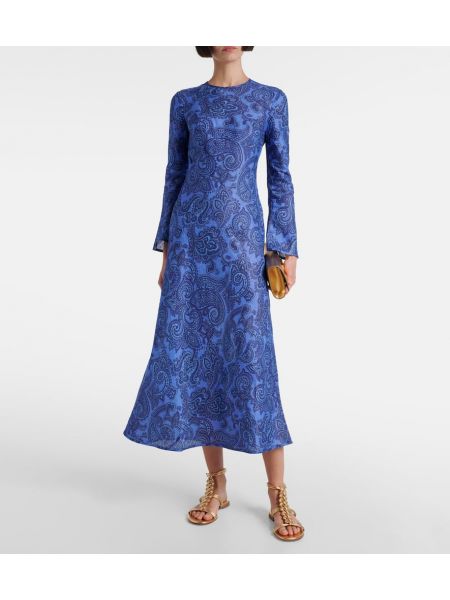 Ľanové midi šaty s paisley vzorom Zimmermann modrá