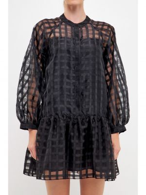 Клетчатое платье мини на пуговицах с длинным рукавом English Factory черное