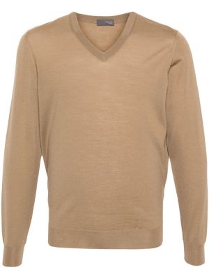 Volneni pulover iz merina z v-izrezom Drumohr bež