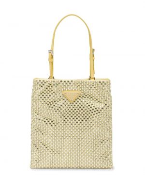 Сатенени шопинг чанта с кристали Prada жълто