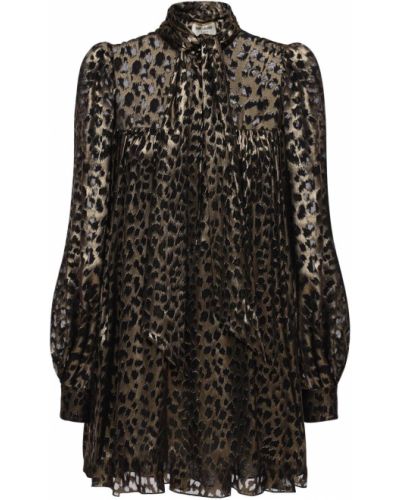 Saténové mini šaty s potlačou s leopardím vzorom Saint Laurent čierna