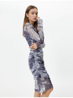 Tylové midi šaty s dlouhými rukávy s abstraktním vzorem Koton
