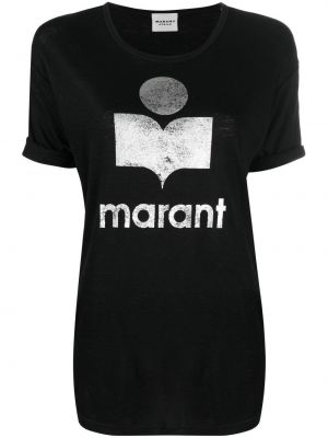 Lněné tričko s potiskem Isabel Marant Etoile černé