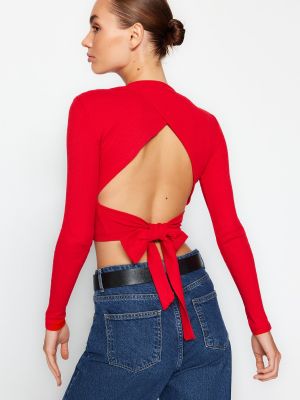 Dzianinowa bluzka dopasowana sztruksowa Trendyol czerwona
