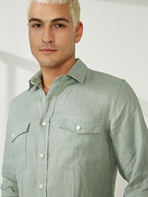 Зеленая мужская рубашка узкого кроя с воротником на пуговицах AT.P.CO