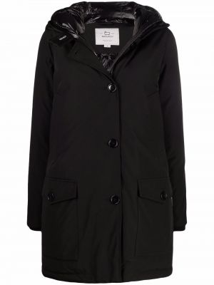 Pérový kabát na gombíky s kapucňou Woolrich čierna