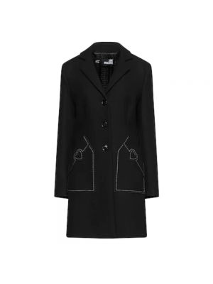 Czarny haftowany płaszcz wełniany w serca Love Moschino