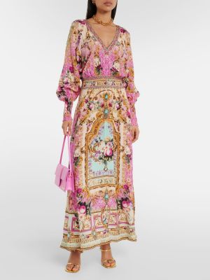 Rochie lunga de mătase cu model floral cu imagine Camilla