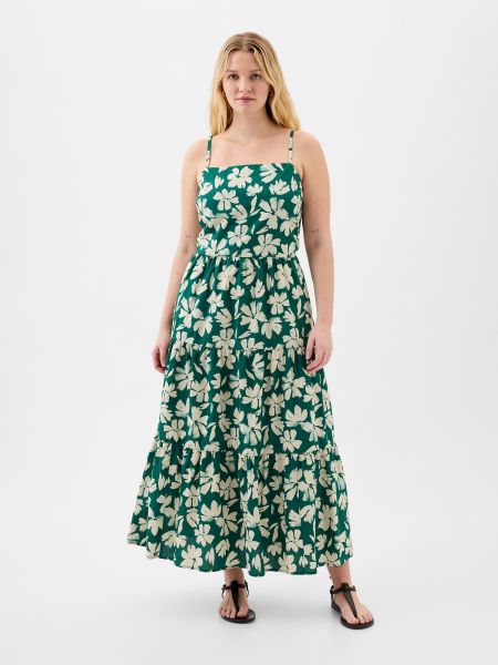 Priliehavé kvetinové dlouhé šaty Gap zelená