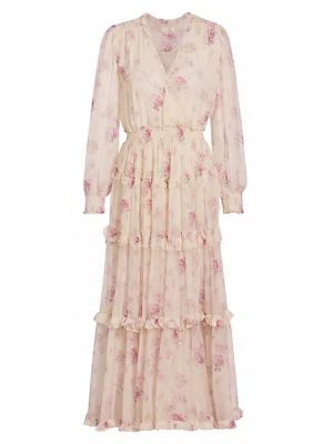 Шелковое длинное платье в цветочек с принтом Loveshackfancy розовое