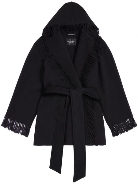 Μάλλινο παλτό με κρόσσια Balenciaga μαύρο