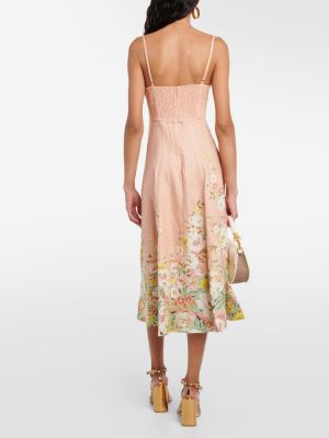 Lanena midi haljina s cvjetnim printom Zimmermann ružičasta