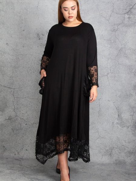 Μακρυμάνικη μάξι φόρεμα από βισκόζη με δαντέλα şans μαύρο