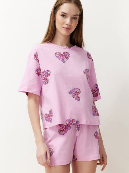 Pijamale din bumbac tricotate cu motiv cu inimi Trendyol roz