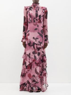 Платье в цветочек с принтом с рюшами Erdem розовое