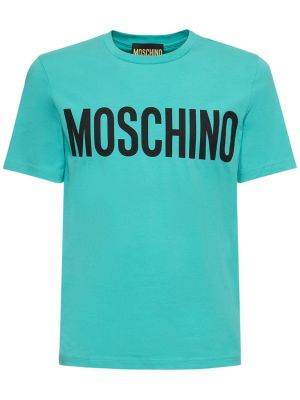 Koszulka bawełniana z nadrukiem z dżerseju Moschino niebieska