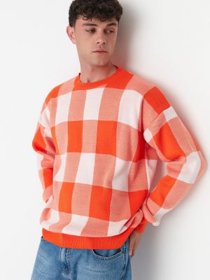 Oversize rūtainas džemperis Trendyol oranžs
