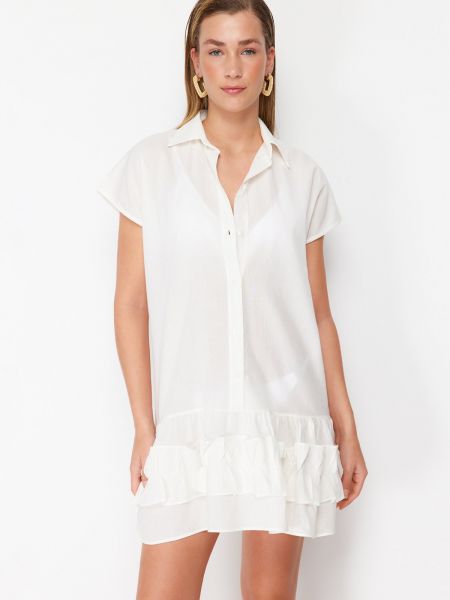 Pletené bavlnené mini šaty Trendyol biela