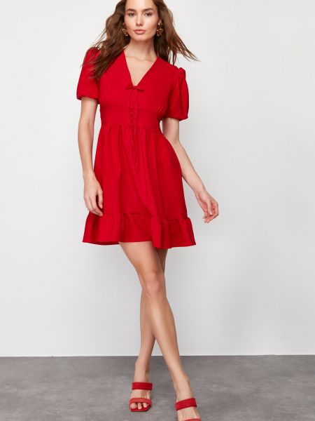 Плетена мини рокля с панделка с v-образно деколте Trendyol червено