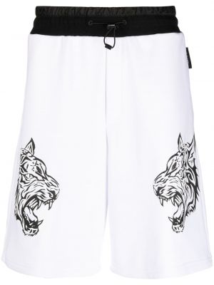 Pantaloni scurți de sport cu imagine cu dungi de tigru Plein Sport alb