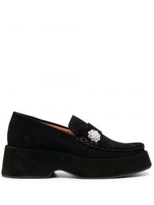 Pantofi loafer cu nasturi din piele de căprioară de cristal Ganni negru