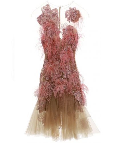Платье с отделкой перьями и пайетками Marchesa - Розовый