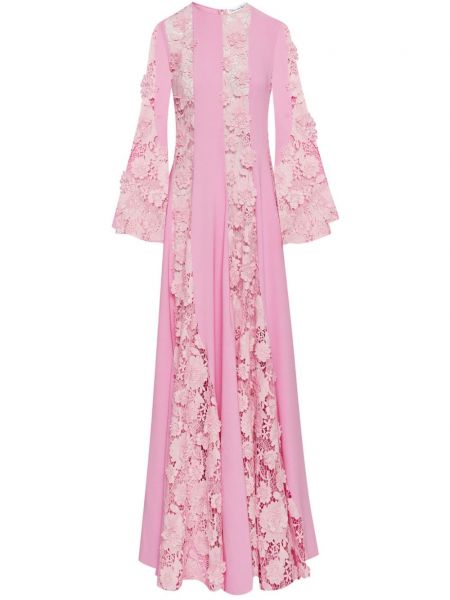 Večernja haljina s cvjetnim printom s čipkom Oscar De La Renta ružičasta
