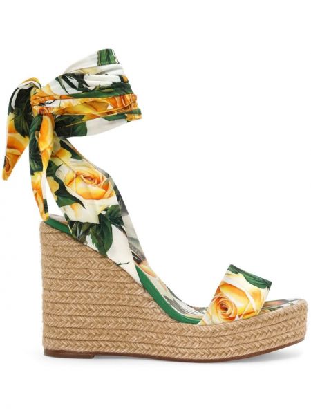 Květinové sandály na klínovém podpatku s potiskem Dolce & Gabbana zelené
