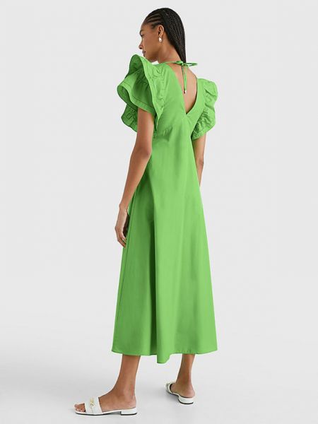 Satynowa sukienka długa bawełniana Tommy Hilfiger zielona