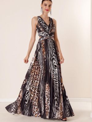 Plisované leopardí saténové dlouhé šaty By Saygı černé