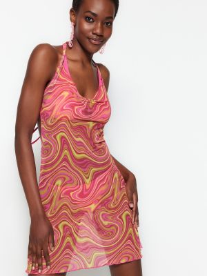 Oprijeta mini obleka z abstraktnimi vzorci Trendyol roza