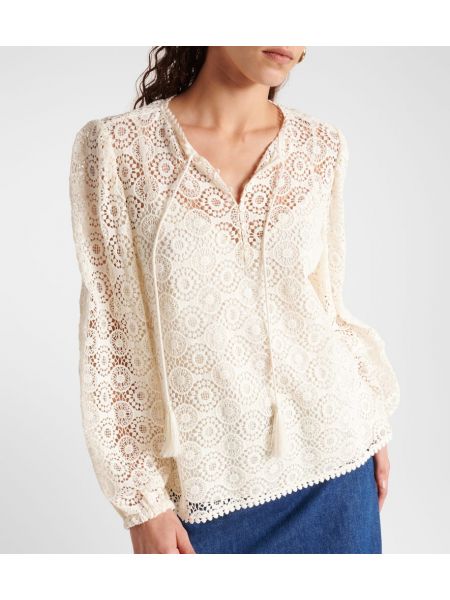 Памучна блуза с дантела Frame бяло