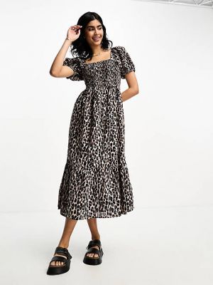 Леопардовое длинное платье с принтом с пышными рукавами Accessorize коричневое