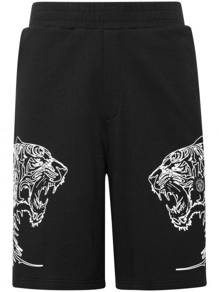 Tigrované bavlnené športové šortky s potlačou Plein Sport čierna