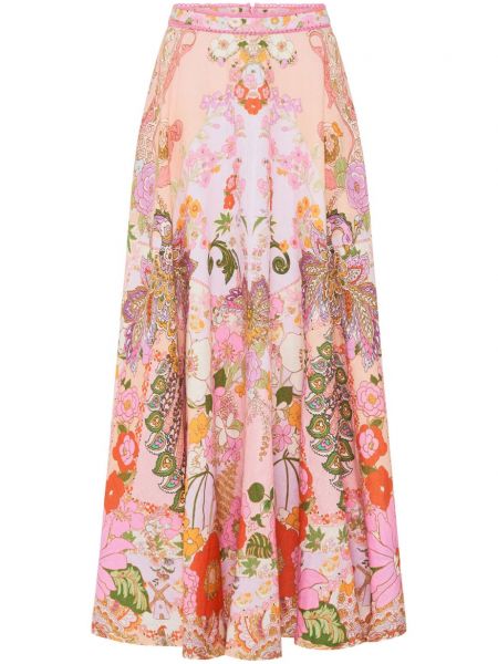 Lanena maksi suknja s cvjetnim printom s printom Camilla ružičasta