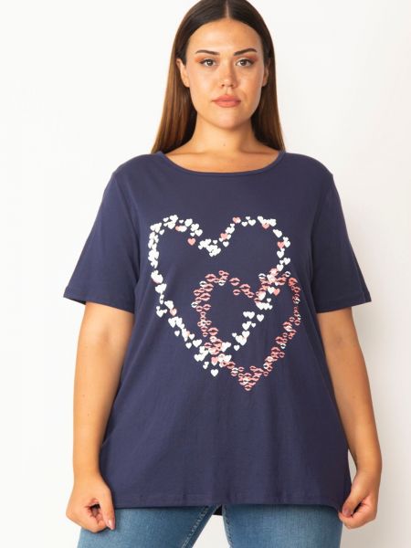 Bluză din bumbac cu imagine cu motiv cu inimi şans albastru