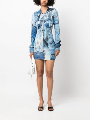 Džínové šaty na zip s kapucí s potiskem Moschino modré