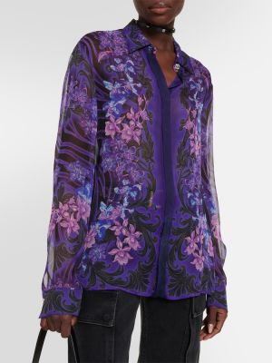 Květinová šifonová hedvábná košile Versace fialová