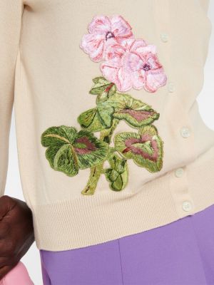 Cardigan brodé en laine à fleurs Oscar De La Renta beige
