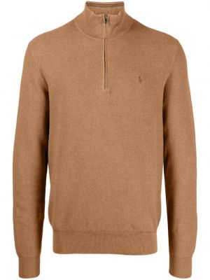 Памучен пуловер с цип Polo Ralph Lauren кафяво