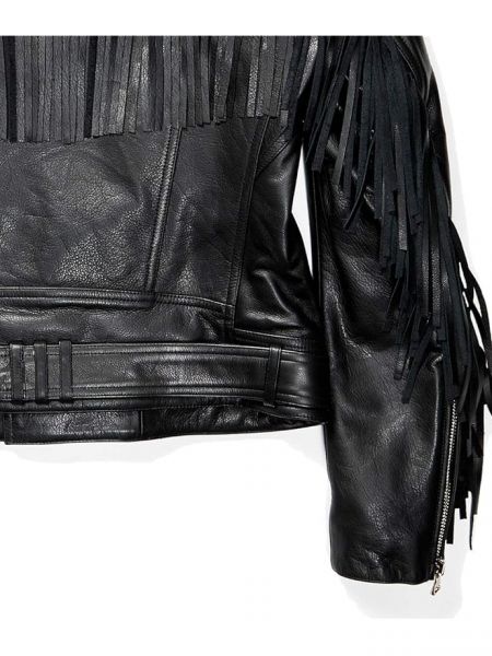 Кожаная куртка с бахромой Balmain черная