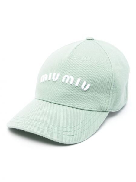Памучна шапка с козирки бродирана Miu Miu зелено
