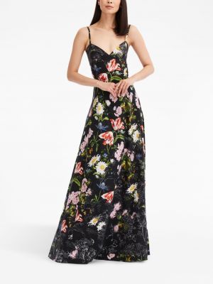 Sukienka długa w kwiatki z nadrukiem Oscar De La Renta czarna