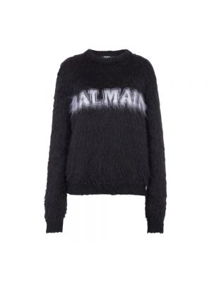 Moherowy pulower z okrągłym dekoltem żakardowy Balmain czarny