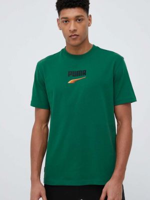 Памучна тениска с дълъг ръкав с апликация Puma зелено