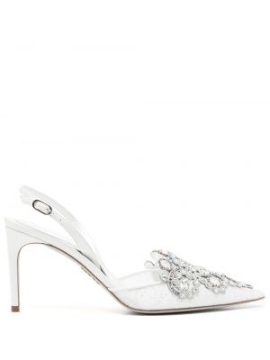 Pantofi cu toc din dantelă de cristal Rene Caovilla alb