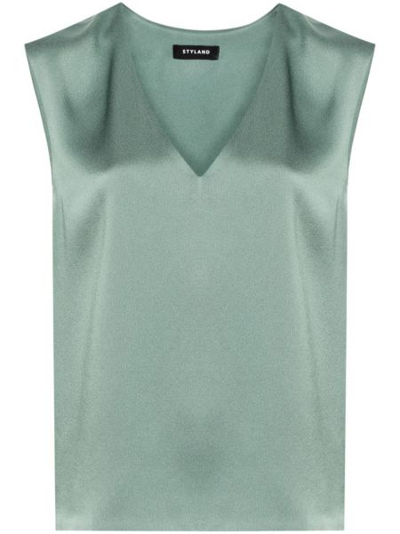 Satenska bluza brez rokavov z v-izrezom Styland zelena