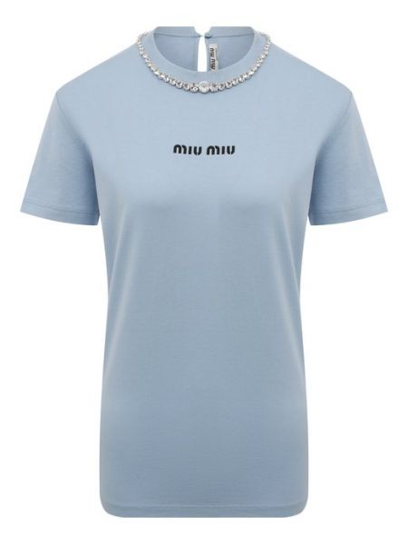 Голубая хлопковая футболка Miu Miu