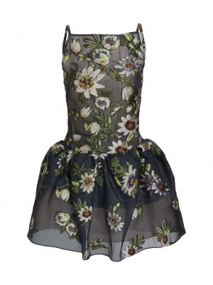 Расклешенное мини-платье с цветочной вышивкой Oscar de la Renta, нави