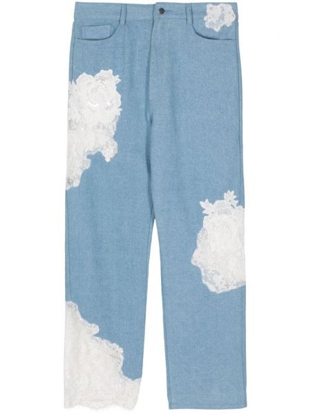 Mežģīņu kokvilnas straight fit džinsi ar ziediem Collina Strada zils